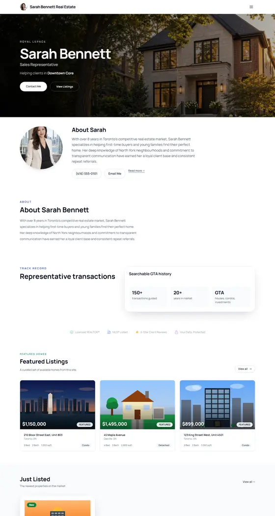 Home page of Sarah Bennett's demo site, Modern Clean template
