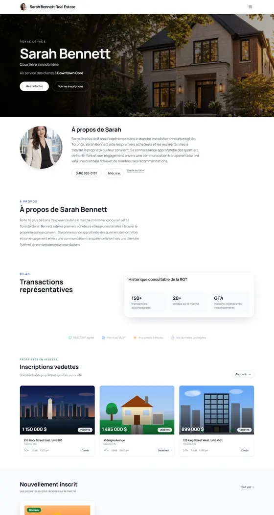 Page d'accueil du site de démonstration de Sarah Bennett, modèle Moderne épuré