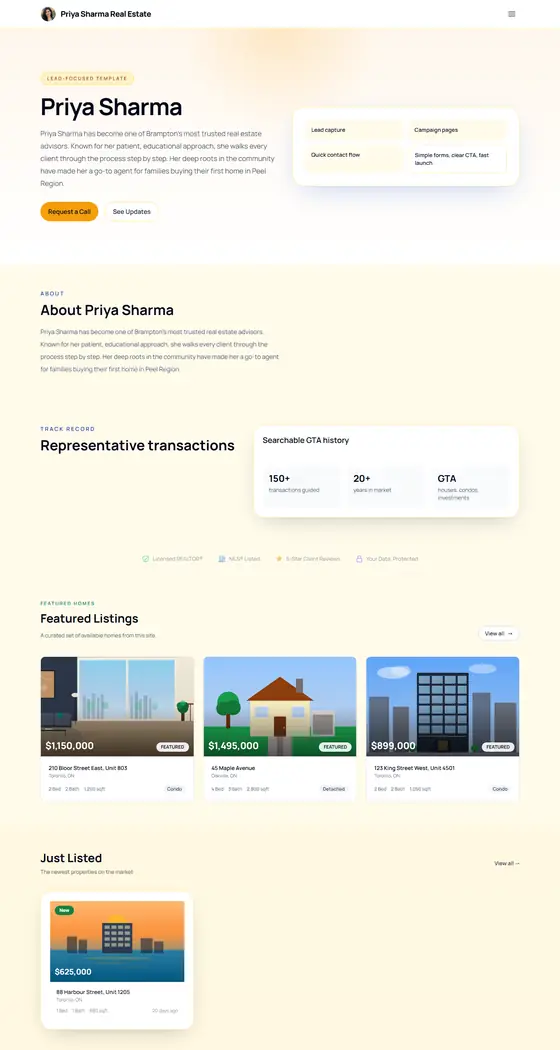 Home page of Priya Sharma's demo site, Lead Generation template