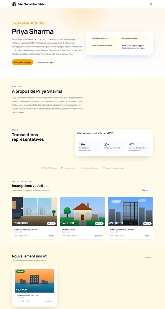 Page d'accueil du site de démonstration de Priya Sharma, modèle Génération de prospects