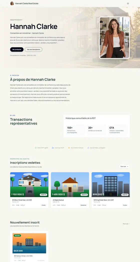 Page d'accueil du site de démonstration de Hannah Clarke, modèle Conseiller chaleureux