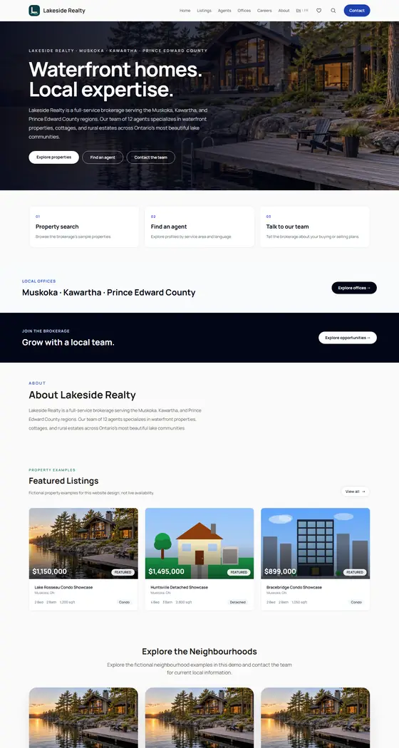 Home page of Lakeside Realty's demo site, Alpine Stone template