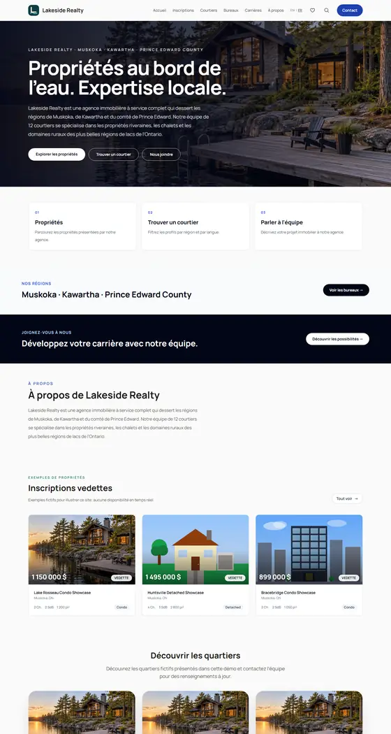 Page d'accueil du site de démonstration de Lakeside Realty, modèle Pierre alpine