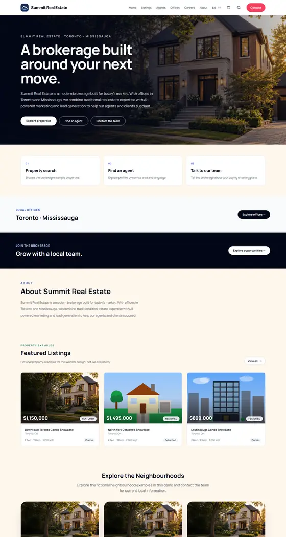 Home page of Summit Real Estate's demo site, Coral Sunset template