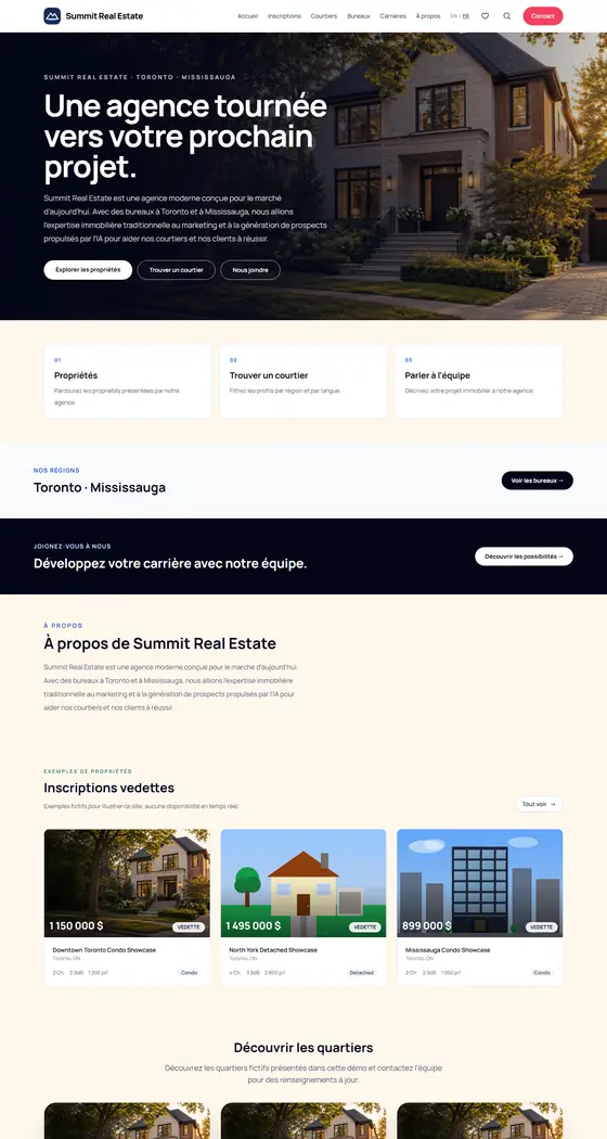 Page d'accueil du site de démonstration de Summit Real Estate, modèle Coucher de soleil corail