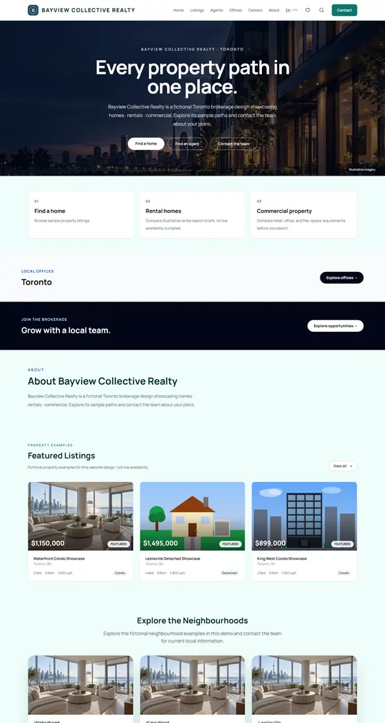 Home page of Bayview Collective Realty's demo site, Teal Agency template
