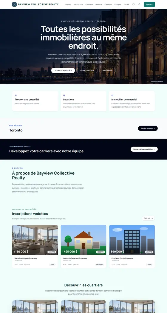Page d'accueil du site de démonstration de Bayview Collective Realty, modèle Agence sarcelle