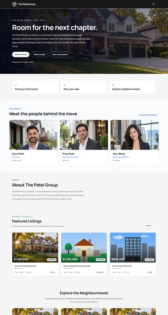 Home page of The Patel Group's demo site, Downtown Loft template