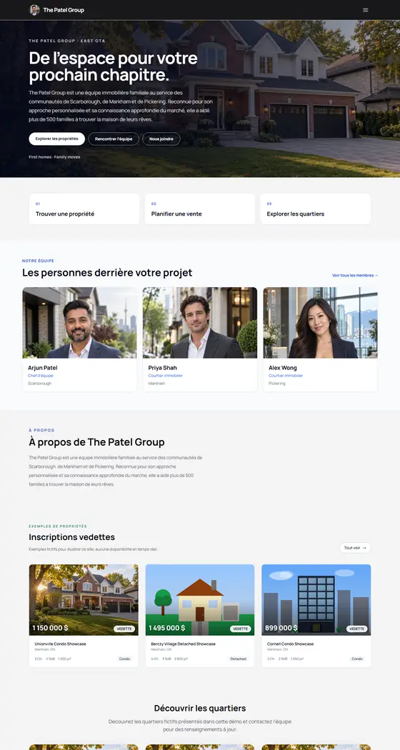Page d'accueil du site de démonstration de The Patel Group, modèle Loft du centre-ville